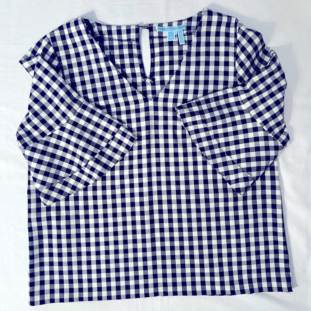 Draper James Navy and White Checked Top with Ruffle Sleeves. - Picture 2 of 4